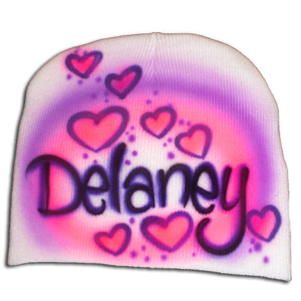 Airbrushed knit beanie hat with hearts all around your name