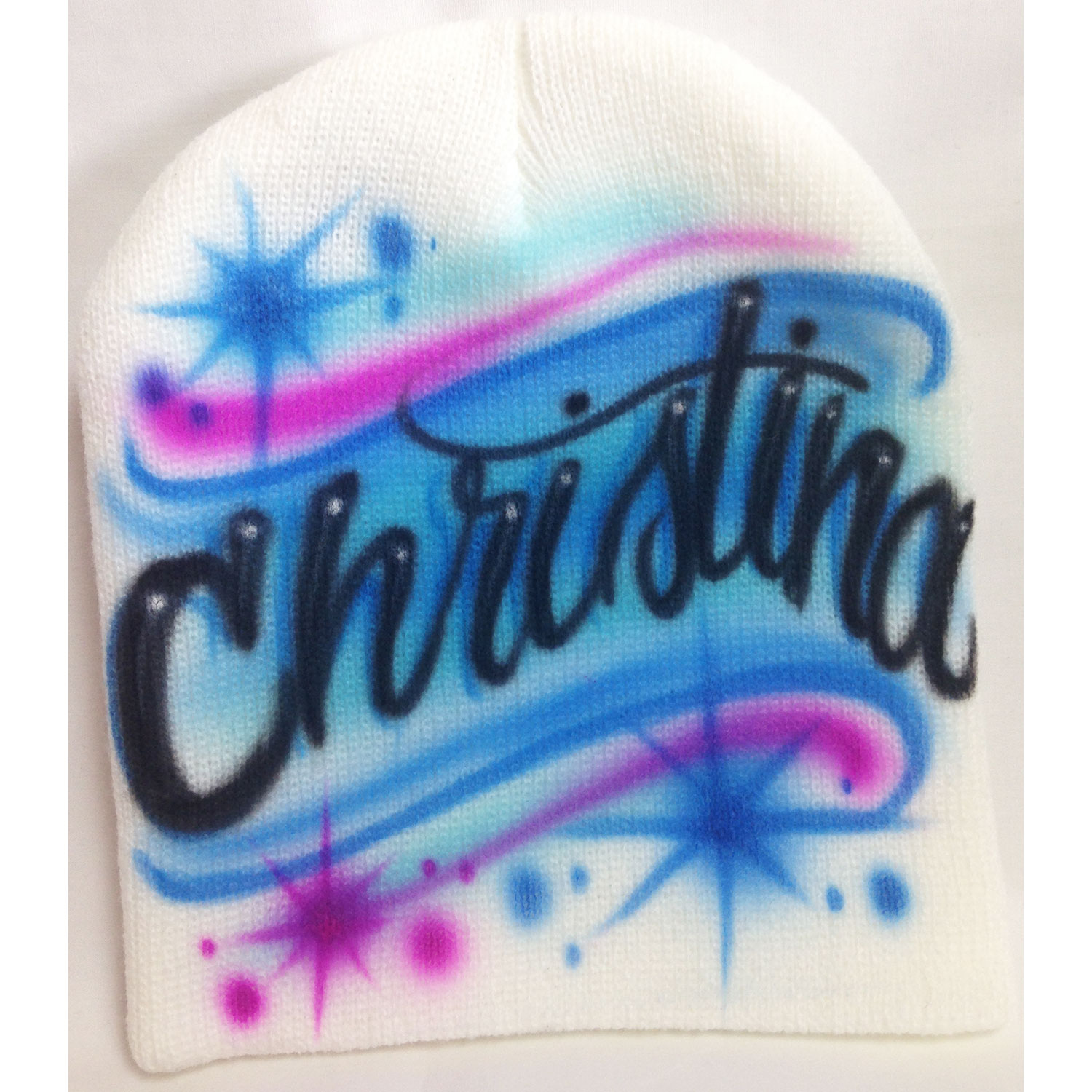 Airbrushed knit beanie cap personalized with Script Name