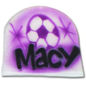 Airbrushed knit beanie hat with sports ball design