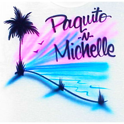 Airbrushed beach with names and palm tree