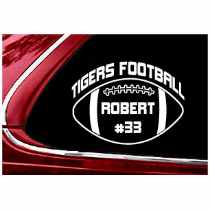 6" white vinyl Football Decal with team name & number