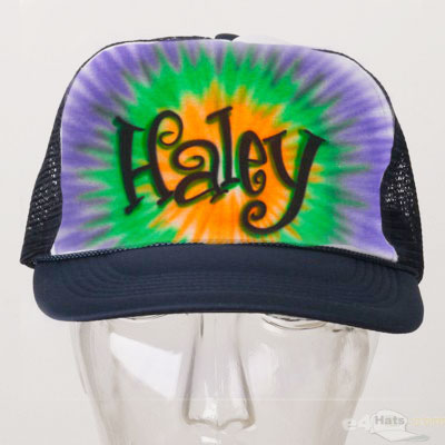 Airbrushed Curly lettering on tie dye trucker hat