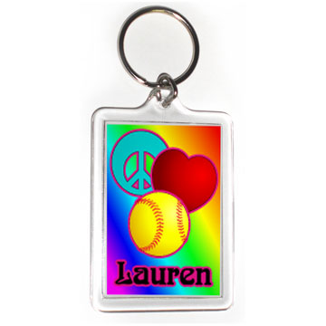Peace love Softball over Rainbow personalized Keyring