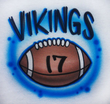 Airbrushed football design with team name and player's number