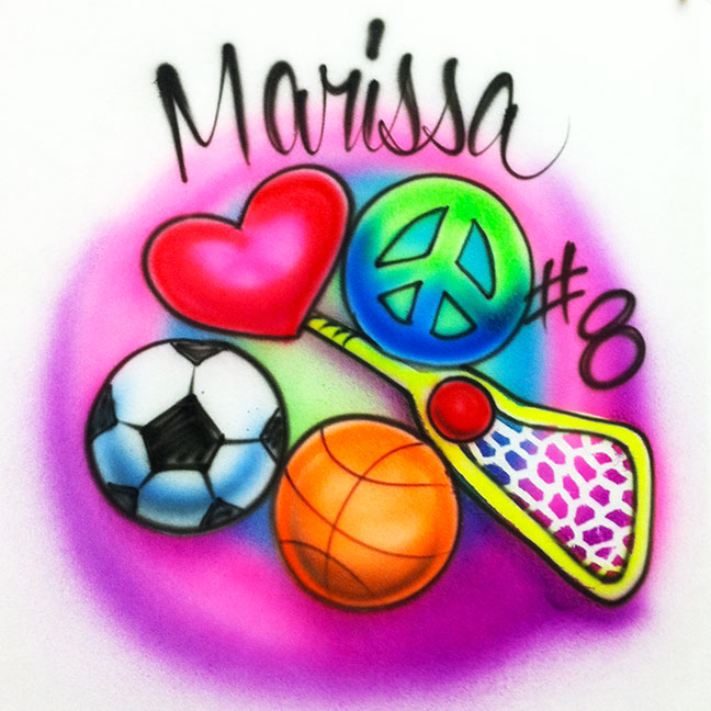 Airbrushed Lacrosse, Soccer, Basketball design with Love Peace theme - personalized