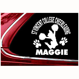 6\" white vinyl personalized Cheerleader with paws decal