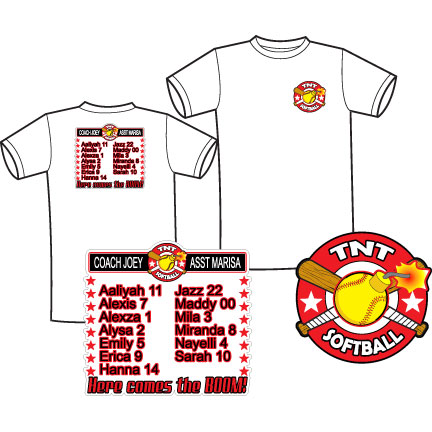 TNT Softball Roster shirt with small logo on front