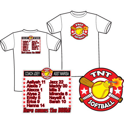 TNT Softball Roster shirt with large logo on front