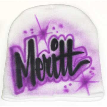 Airbrushed knit beanie hat with script name