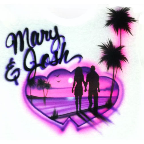 Airbrushed Couple walking on beach inside joined Hearts Shirt