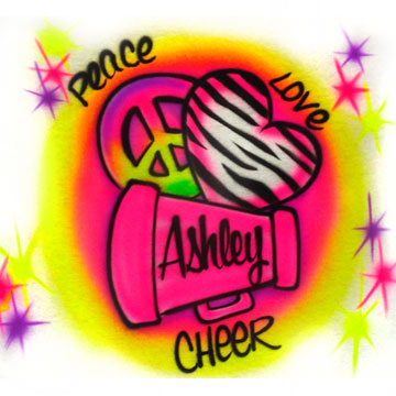 Airbrushed Peace Love Cheer shirt with Cheerleader's name