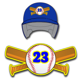 Baseball with crossed bats & player\'s # helmet decal