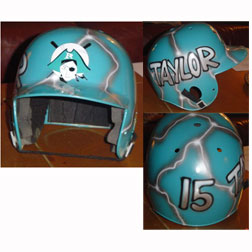 Airbrushed batting helmet with Ajax Raiders team logo