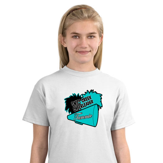 Personalized Swift Creek Cheer shirt with teal megaphone