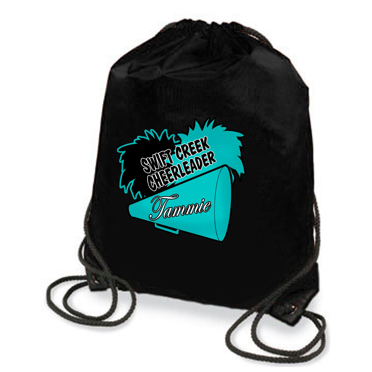 Personalized Swift Creek Cheer sport tote with teal megaphone